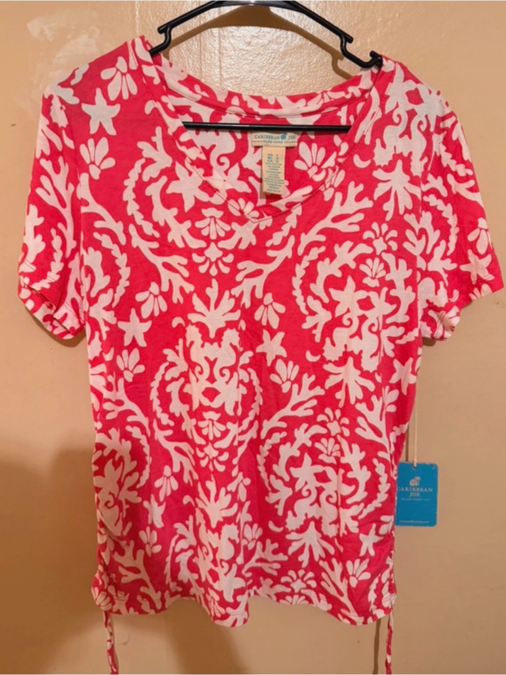 Caribbean Joe Coral Pink & White Short Sleeve Printed Tee